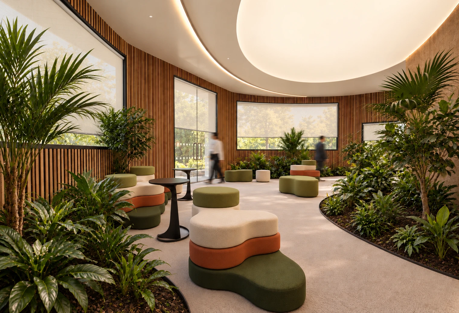 Maison de jeunes Al Manal — Salon courbe aux lames de bois, poufs colorés et plantes