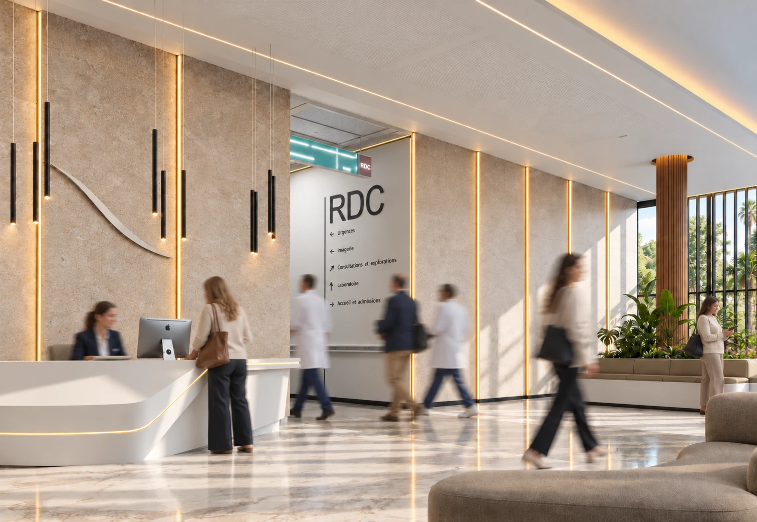 FM6 CHU d’Oujda — Hall d’accueil, banque blanche, signalétique du rez-de-chaussée et piliers en bois