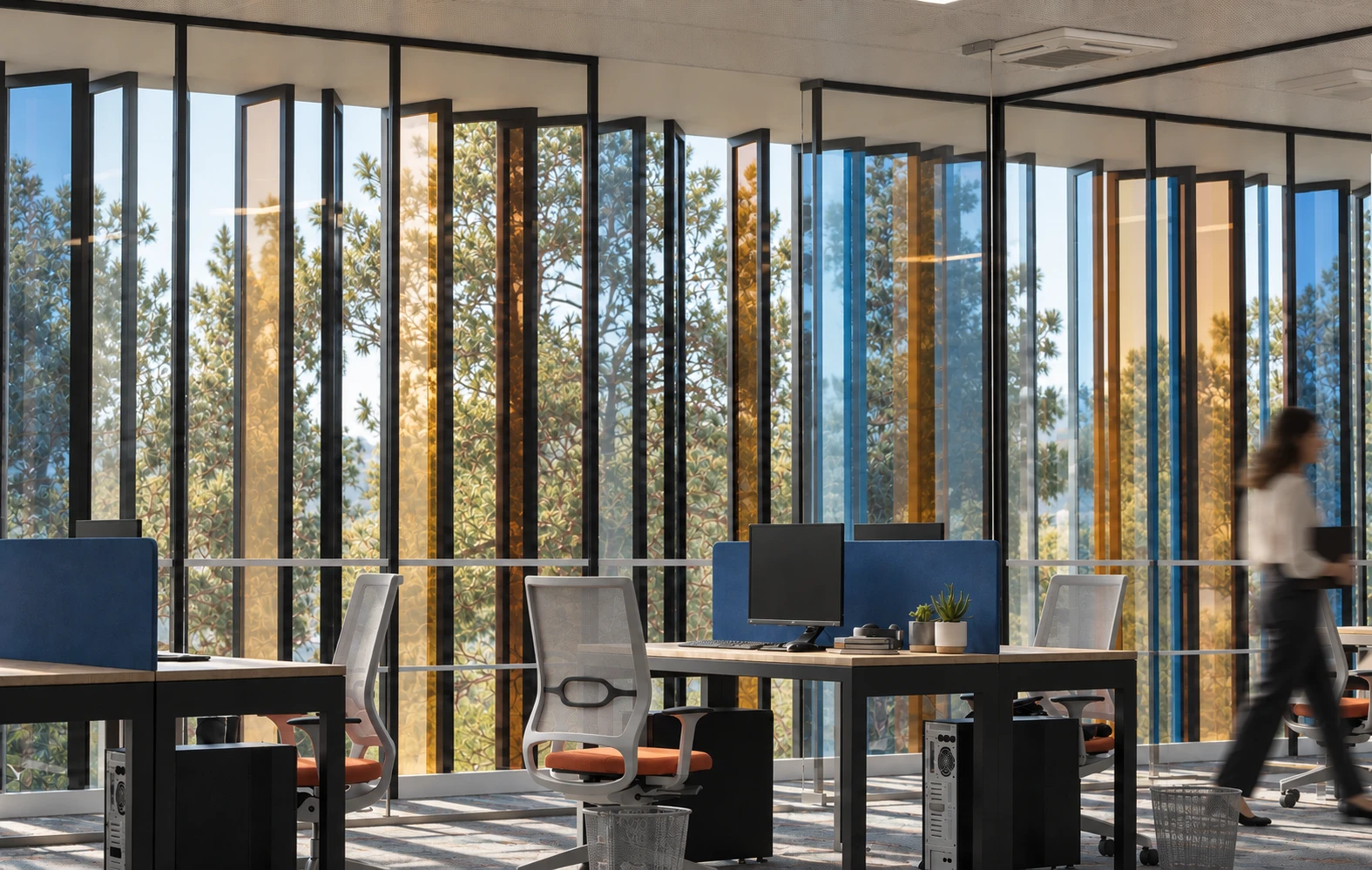 Comdata — Plateau de bureaux derrière les lames de verre orange et bleu
