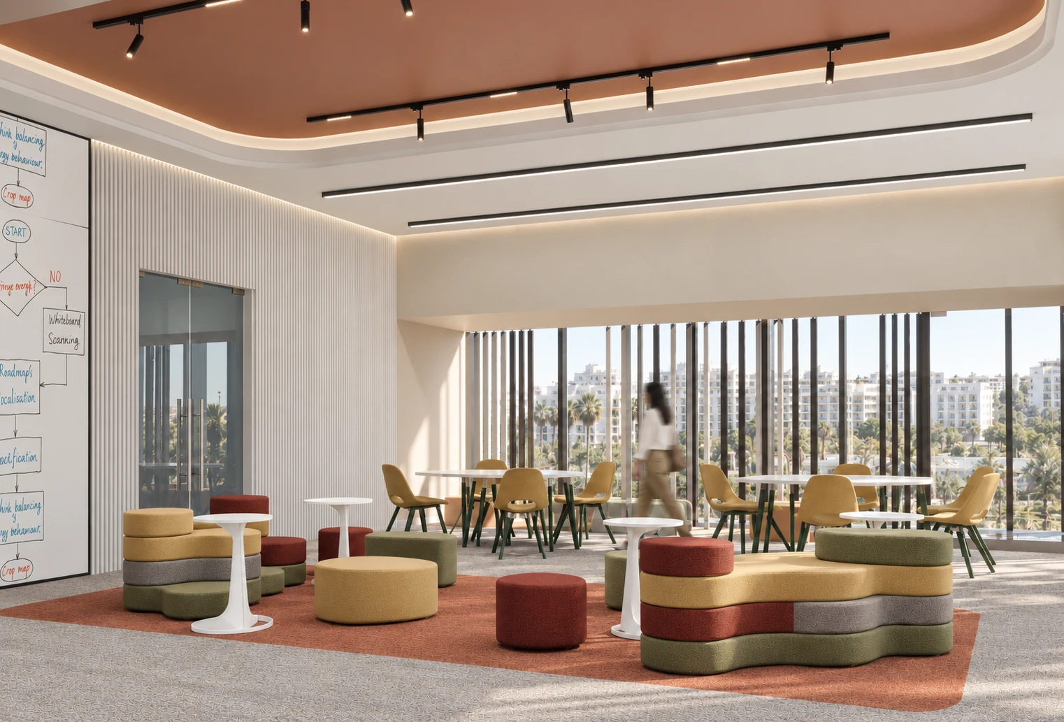 Comdata — Espace collaboratif aux poufs colorés, plafond terracotta et vue sur la ville