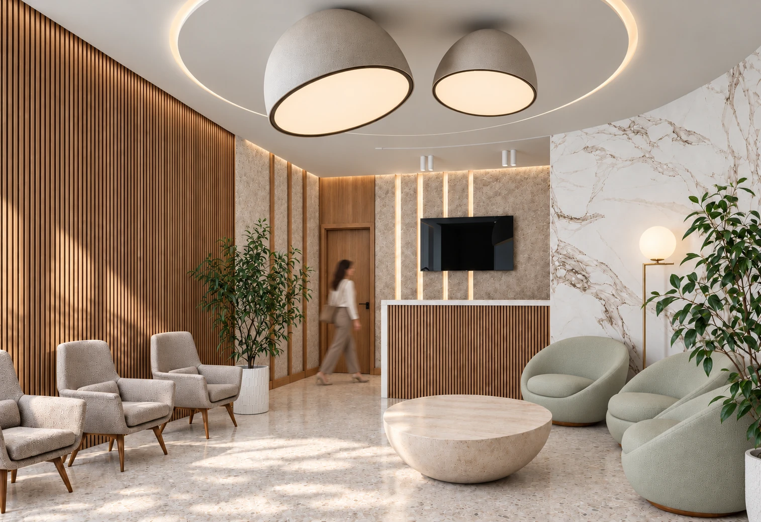 The Circle — Salle d’attente aux lames de bois, luminaires en dôme et fauteuils arrondis