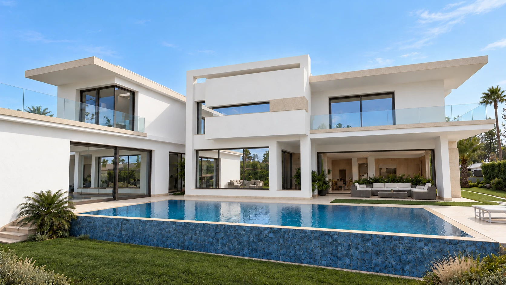 Villa Horizon — Façade jardin avec piscine et grandes baies vitrées